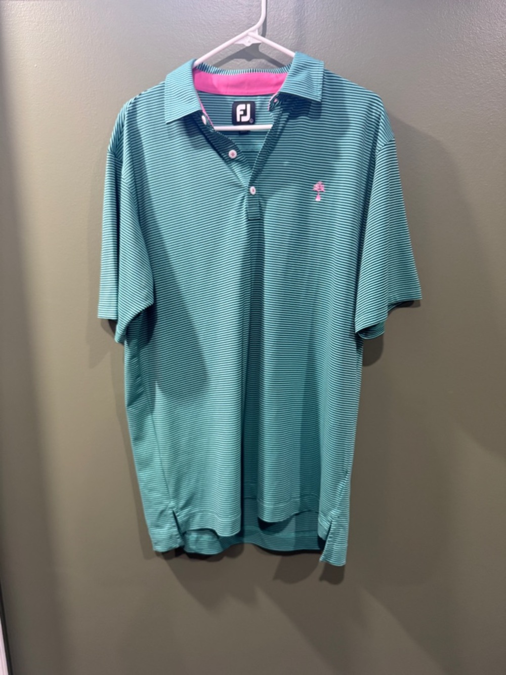 FootJoy Teal Micro-Striped Golf Polo with Pink Trim Large